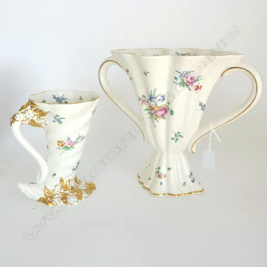 2 x CLARICE CLIFF OLDE BRISTOL PATTERN VASES:  2 HANDLED VASE H.250mm + CORNICOPIA H.180mm