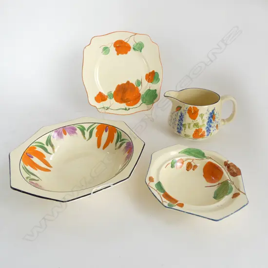 4 R/STAFFORDSHIRE HONEYGLAZE PCES: HAND PAINTED BOWL Dia.230mm 2 PLATES 1 w tiny chip  & JUG H.100mm