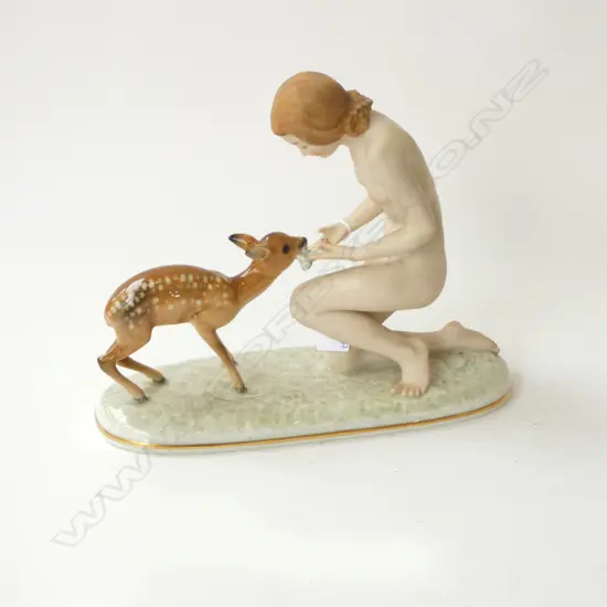 HUTSCHENREUTHER NUDE WOMAN w. DOE DEER FIGURINE H.245mm