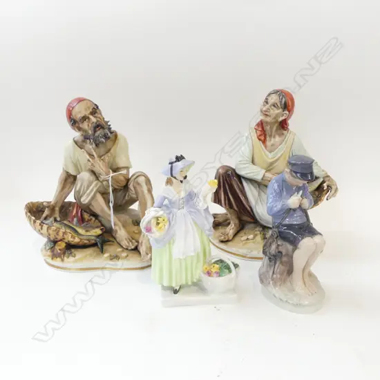 4 FIGURINES; DRESDEN FISHERMAN & WOMAN H.140mm FAULTS, ROYAL DOULTON 'SPRINGFLOWERS', ROYAL COPENHAGEN BOY