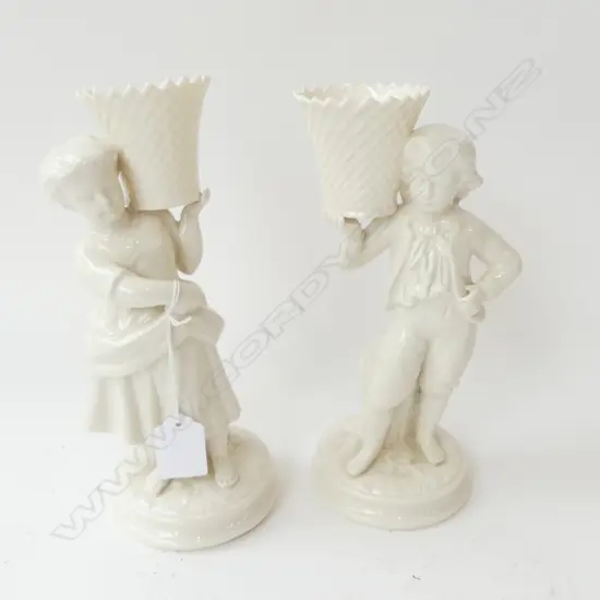 PAIR BLACK MARK BELLEEK FIGURINES, HARVEST GIRL & BOY H.210mm