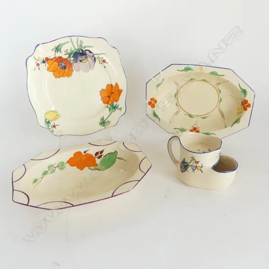 4 'HONEYGLAZE' (Clarice Cliff) PCES:  POPPY PAT PLATE & SHAVING MUG  H.90.mm & 2 OCTAGANAL DISHES L.260mm