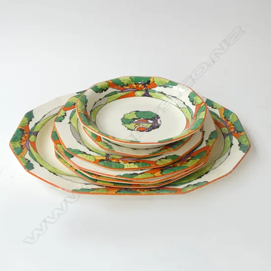 7 x GRIMWADES ART DECO 'SUNSET'  PLATES: ASHET & 5 PLATES & 1 BOWL