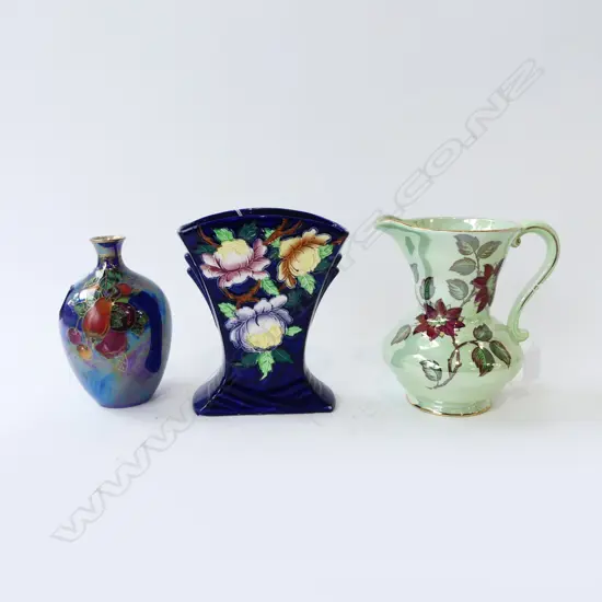 CROWN DEVON LUSTRINE FRUIT VASE + MALING POSY VASE H.175mm & 'BROCADE' JUG