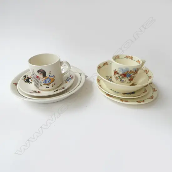 RDOULTON BUNNYKINS TRIO & BOWL WITH KELSTON POTTERIES (CROWN LYNN) NURSERY RYMES TRIO WITH ORIGINAL OLD FOLEY  BOWL SAME