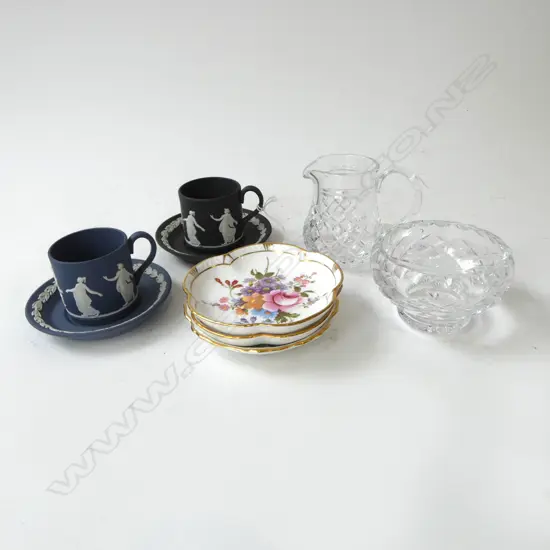 WATERFORD CRYSTAL M/S, PR WEDGWOOD JASPER DEMITASSE C/S & 3 ROYAL CROWN DERBY 'POSIES' DISHES