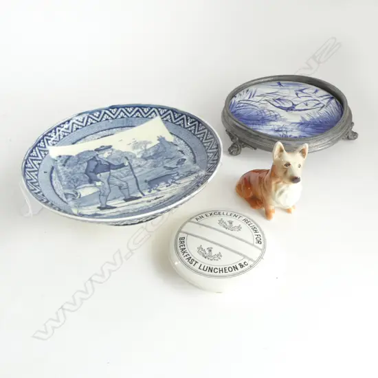 VICTORIAN BOWL/FRAMED TILE/POT LID & CORGI FIGURE (all faulted)