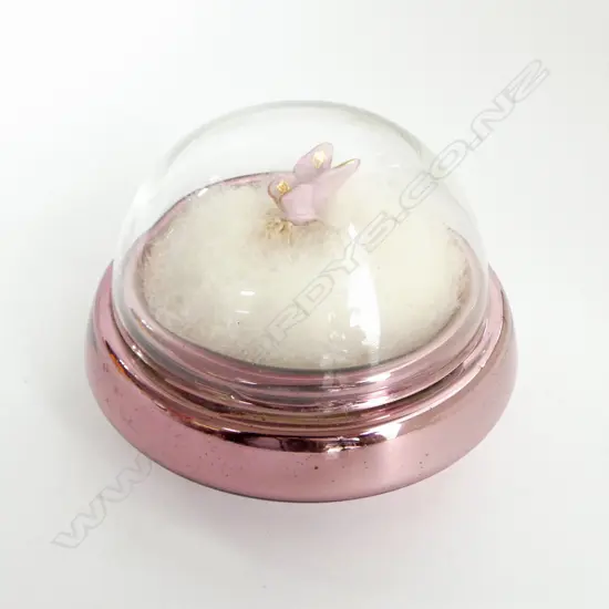 VINTAGE IREDESCENT PURPLE PINK GLASS POWDER COMPACT  w domed cover & puff with butterfly handle Dia.120mm 