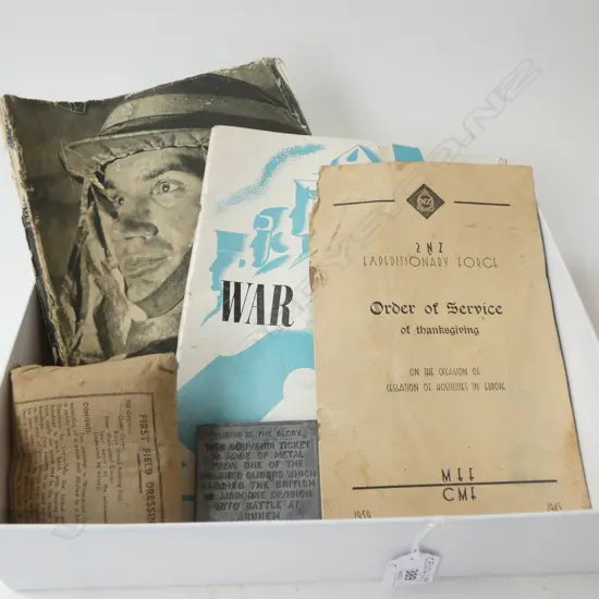 WWII DRESSING, 2 BOOKS, ORDER OF SERVICE, CRASHED GLIDER METAL