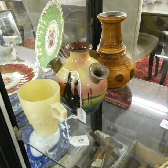 3 ITEMS: TORQUAY MOTTOWARE TULIP JUG WITH SOME CHIPS, H. 160mm; PETRIFIED WOOD? VASE; OVALTINE MUG