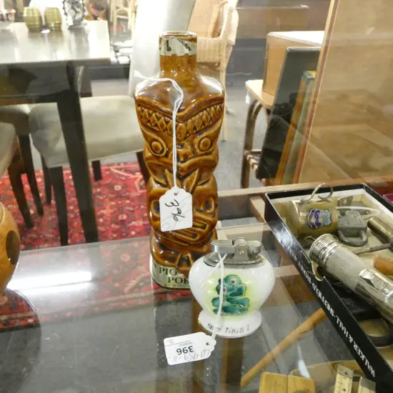 TANGATA PIONEER PORT' TIKI FIGURE DECANTER HENDERSON LINCOLN VINEYARDS H.200mm & SMALL CERAMIC LIGHTER 'MAORI TIKI NZ'