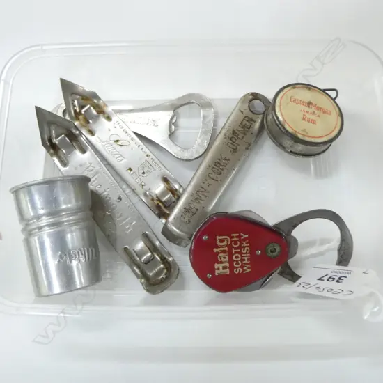 7 VINTAGE BREWERY & WHISKY BOTTLE OPENERS, MEASURE, MEASURING TAPE