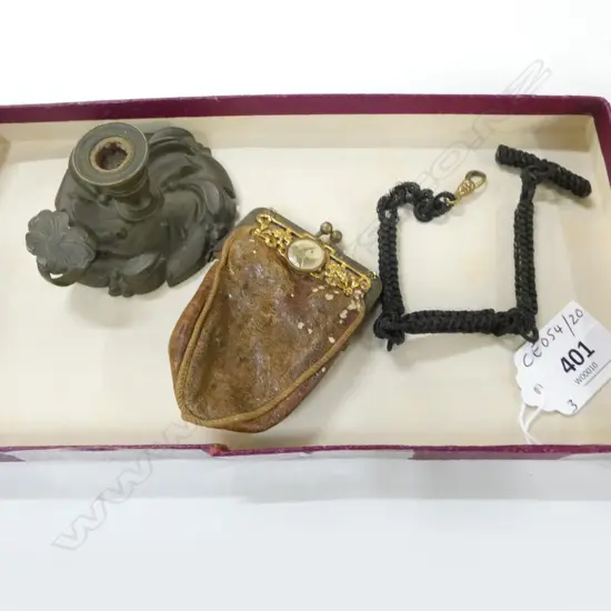 VICTORIAN HAIR ALBERT CHAIN, BOER WAR BUTTON PURSE, DESK SEAL CANDLESTICK