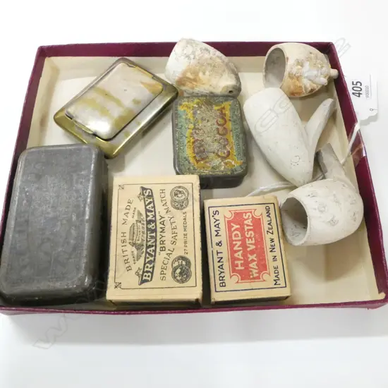 3 VESTA TINS – FRYS COCOA & BELL, WAX VESTAS, 4 CLAY PIPE BOWLS 
