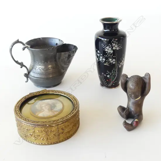 4 ANTIQUE/VINTAGE ITEMS; FRENCH JEWELLERY BOX, JAPANESE CLOISONNE VASE, PEWTER SHAVING MUG & KERAMIK BOY