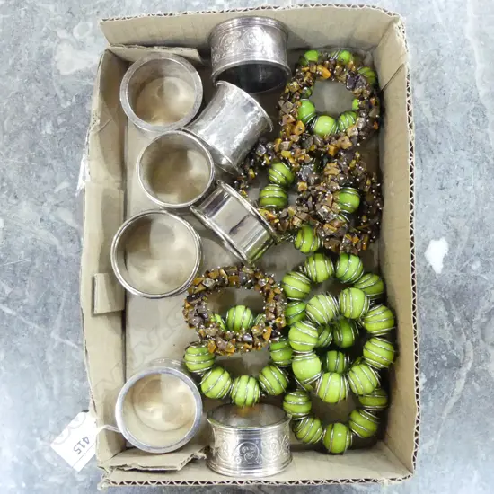ASST. NAPKIN RINGS; 8 VINTAGE SILVER PLATE & 10 MODERN BEAD