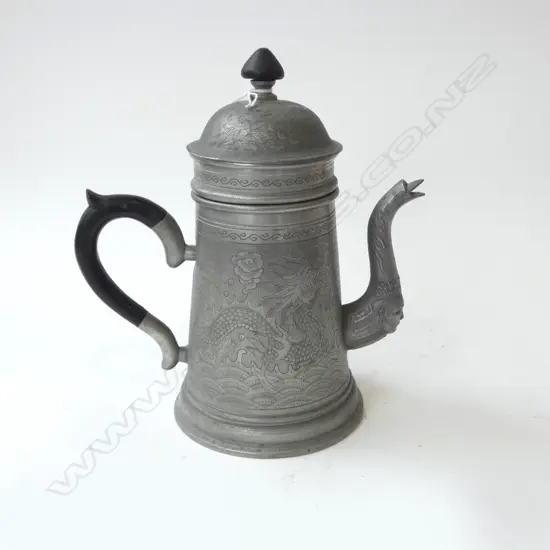 CHINESE PEWTER COFFEE POT WITH DRAGON DETAIL TO THE BODY AND HUMAN FACE TO THE SPOUT H.250mm