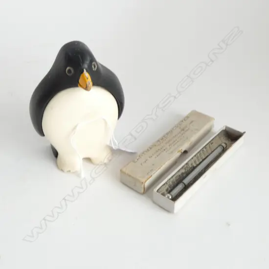 Lucid Lines Inc  vintage painted wooden penguin lidded ashtray ? + Eastman thermometer boxed.