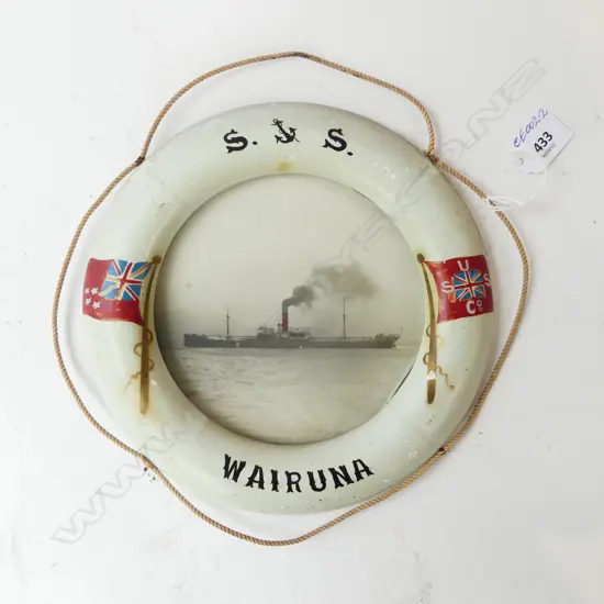 LIFE BUOY framed & named photo 'S.S. WAIRUNA' under steam. NZ USSCo. Dia.220mm 