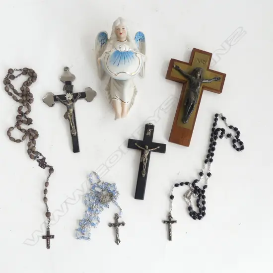 ASST. RELIGIOUS ITEMS; ANTIQUE BISQUE FONT, 2 WALL CRUCIFIX, PILGRIM'S CROSS & 3 ROSARIES