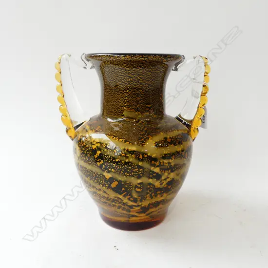 VINTAGE JAPANESE ART GLASS VASE GOLD FLECKED + BLACK INTERIOR 