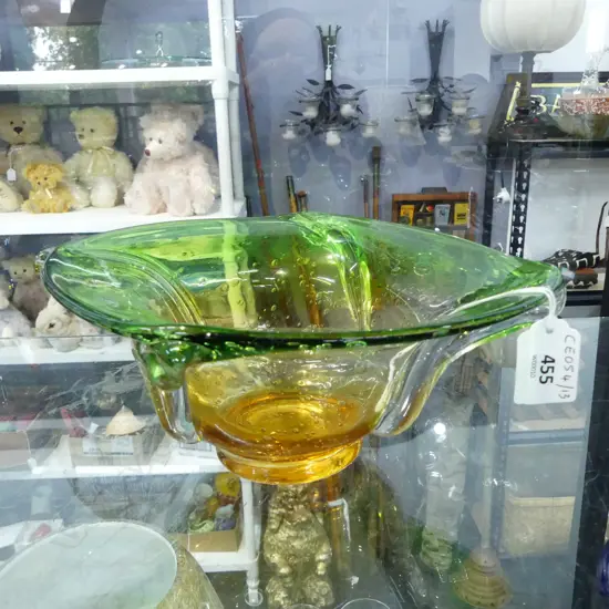 1960’S MURANO BULLICANTE GREEN & AMBER GLASS BOWL, D.240mm, H.110mm 