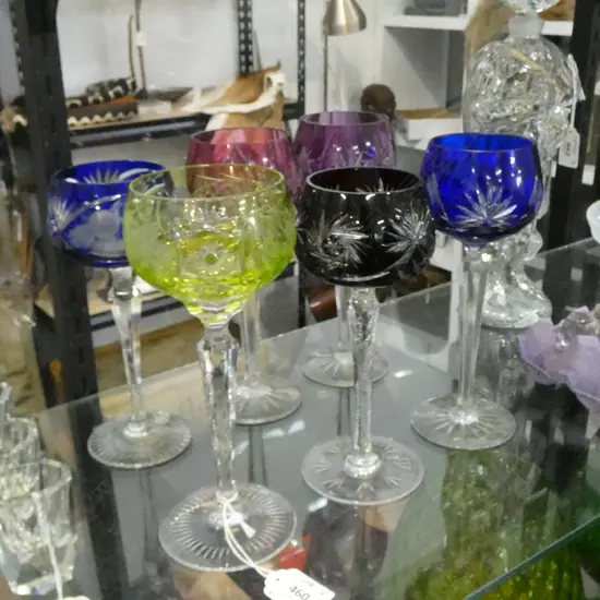 SET SIX HARLEQUIN BOHEMIAN WINE GLASSES 2 + 4