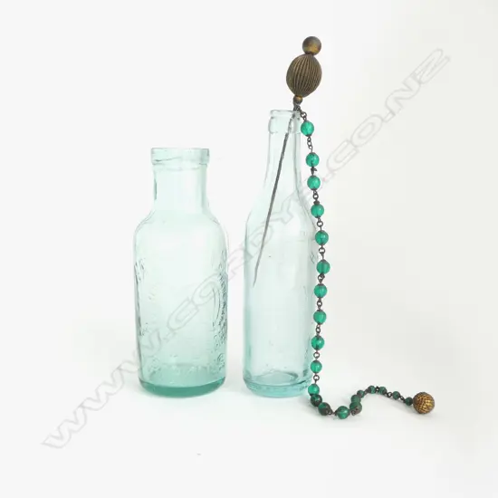 TWO ANTIQUE BOTTLES AND A HAIR SKEWER