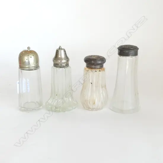 4 GLASS/CRYSTAL ICING SUGAR SHAKERS 1 with sterling top