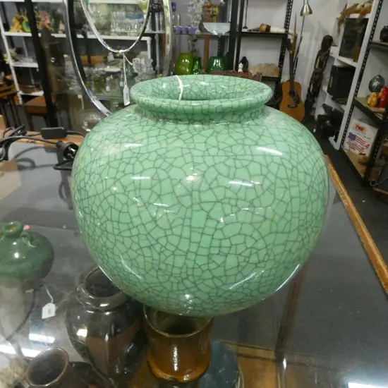 VINTAGE JAPANESE GREEN CRACKLE GLAZE VASE H.225mm