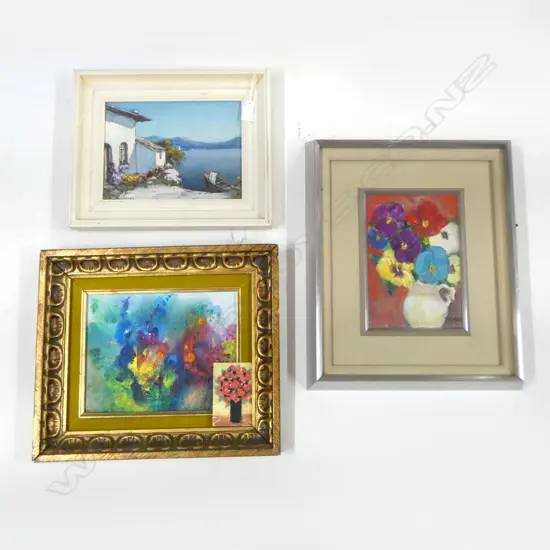 3 FRAMED WORKS; 2 FLORAL & MEDITERRANEAN SCENE, LARGEST 190x140mm