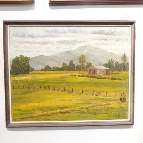 JUNE SHIEFF, FARM LANDSCAPE w. SHED, OIL ON BOARD 400x500mm