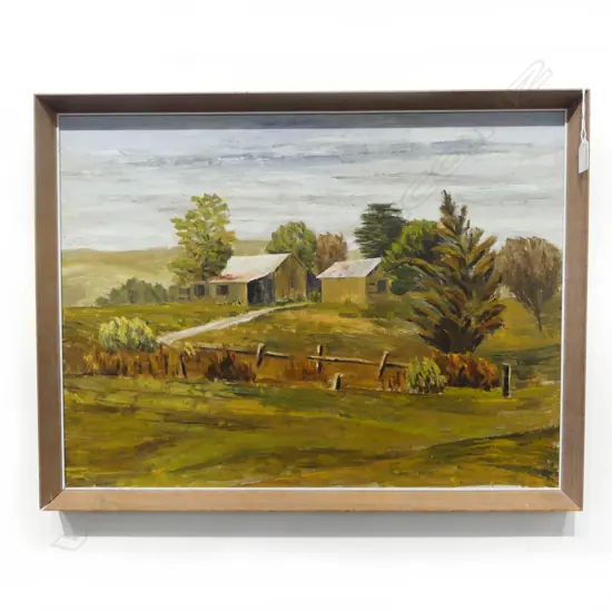 JUNE SHIEFF, FARM LANDSCAPE, OIL ON BOARD 450x600mm