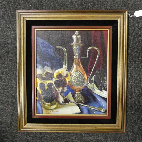 MICHAEL BLOW, STILL LIFE w. COPPER JUG, ACRYLIC ON BOARD '80 345x290mm