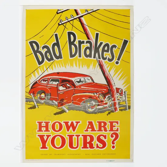 VINTAGE POSTER 'Bad Brakes. How are Yours? Issued by the Transport Department New Zealand Government' 755 x 510mm 