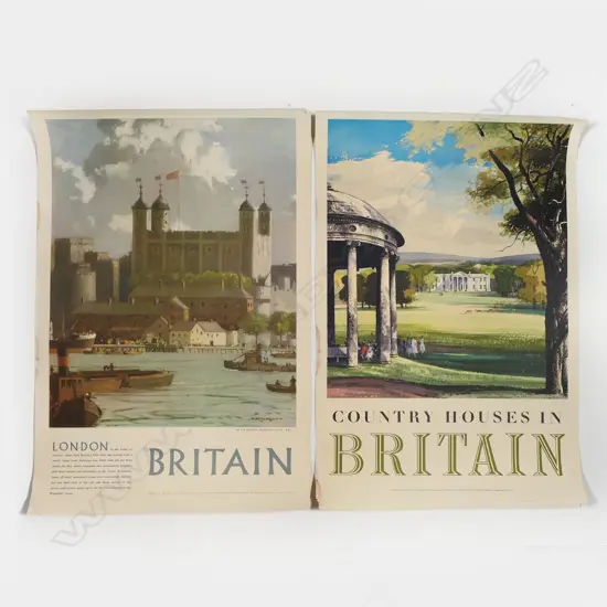 2 BRITISH VINTAGE TRAVEL POSTERS: 'Country Houses in Britain' + Britain: The Tower of London, Largest: 770 x 510mm