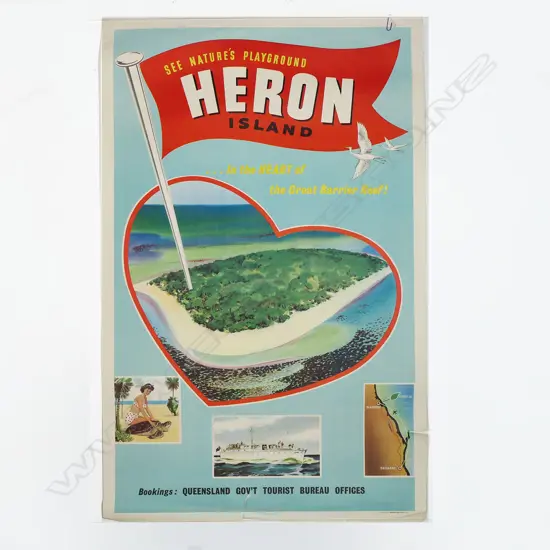 VINTAGE TRAVEL POSTER 'HERON ISLAND...in the HEART of the Great Barrier Reef!' Queensld Gov't Tourist Bureau 970 x 620mm