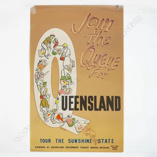 VINTAGE POSTER 'JOIN THE QUEUE FOR QUEENSLAND' image by David Fowler 'S.G. Reid Government Printer' 1000 x 630mm