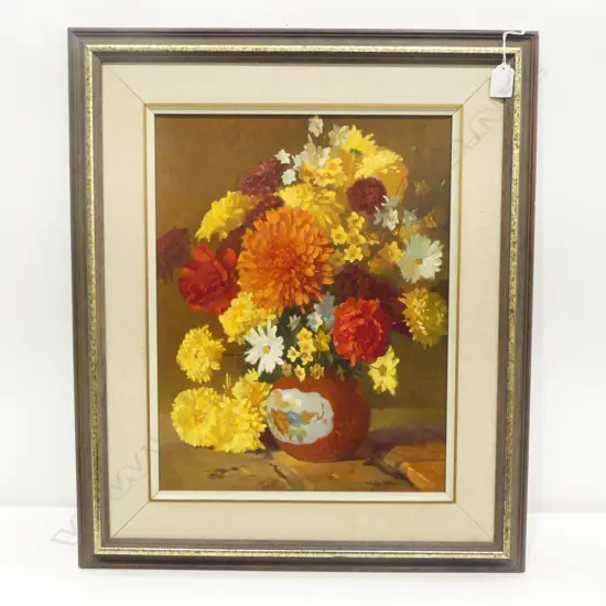 I. BROWN 'CHRYSANTHEMUMS' OIL ON BOARD 445x345mm