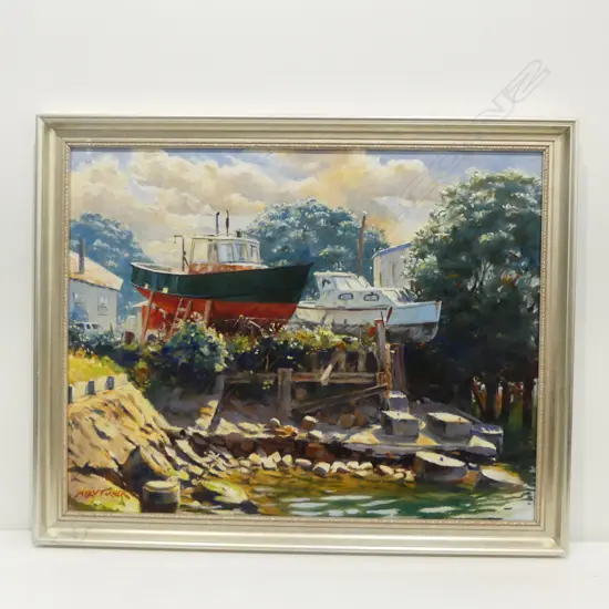 MERV TURNER, HIGH & DRY, FISHERMANS WHARF TAURANGA, ACRYLIC ON BOARD, 580x740mm
