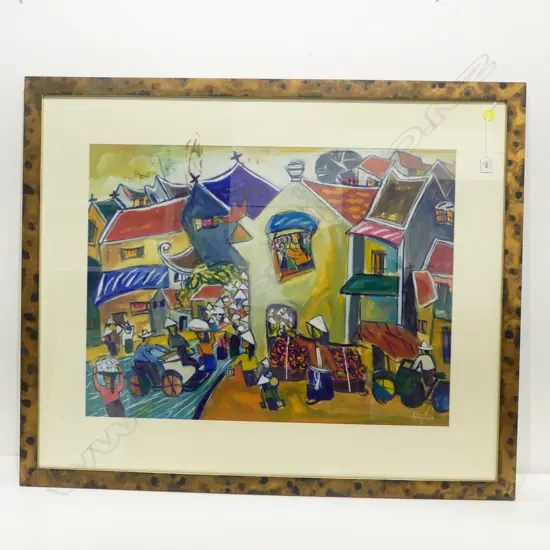 SIGNED ARTWORK , ABSTRACT ORIENTAL VILLAGE 585x780mm