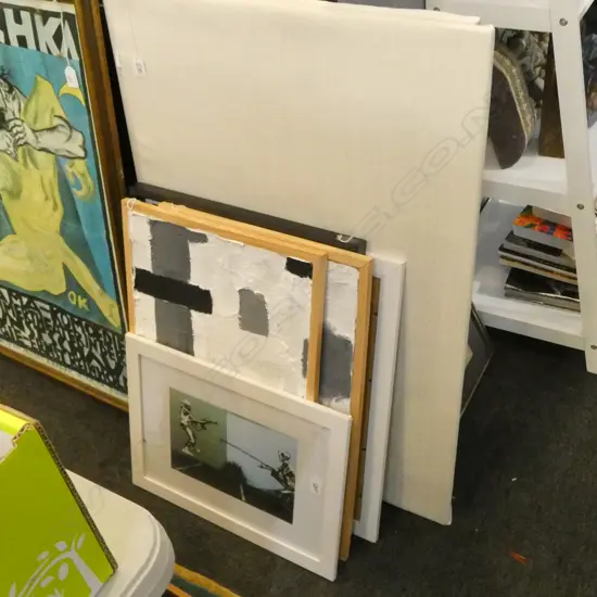 7 ASST.; 2 PINBOARDS, SIGNED AUCKLAND PRINT, 2 ABSTRACT WORKS, 2 FRAMED PRINTS. 