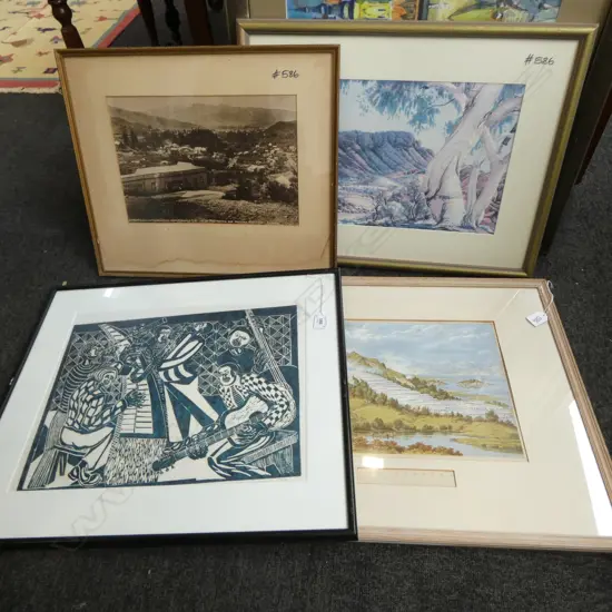 4 PRINTS ARTWORKS; BAND, TE TARATA WHITE TERRACES 265x365mm, ALBERT NAMATJIRA 265x400mm, COROMANDEL LATE 19thC 