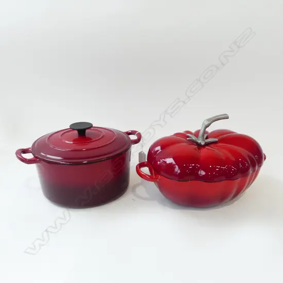 TWO CAST IRON & ENAMEL CASSEROLES, 1 w. DAMAGE INSIDE