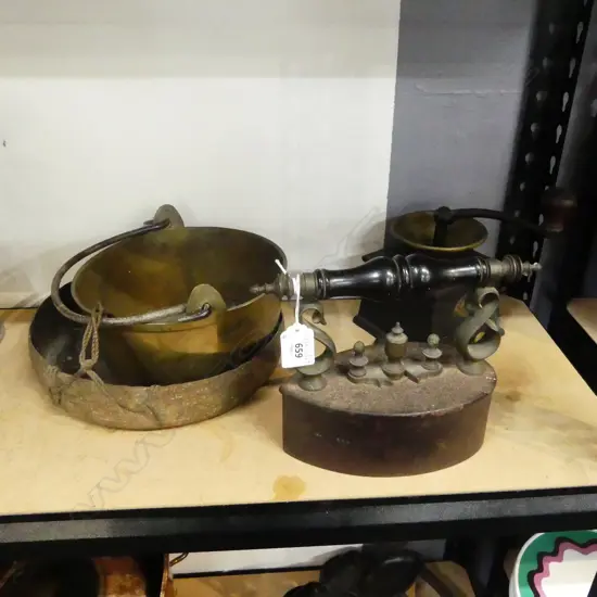 METAL DISH, BRASS PAN 200mm dia, IRON, COFFEE MILL