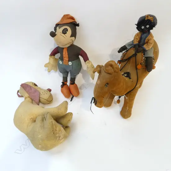 3 ANTIQUE HAND MADE SOFT TOYS; MICKEY, DONKEY, CAMEL L.570mm