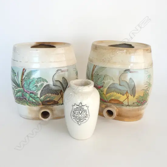 TWO VICTORIAN PICTORIAL PUB SPIRIT DISPENSERS (faulted) & GIANT NUMOL JAR