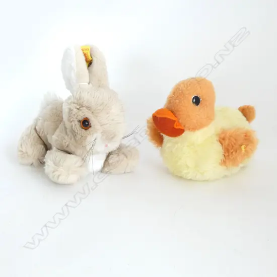 2 VINTAGE STEIFF SOFT TOYS; DUCKLING w button L.160mm & RABBIT w button & flag  L.200mm