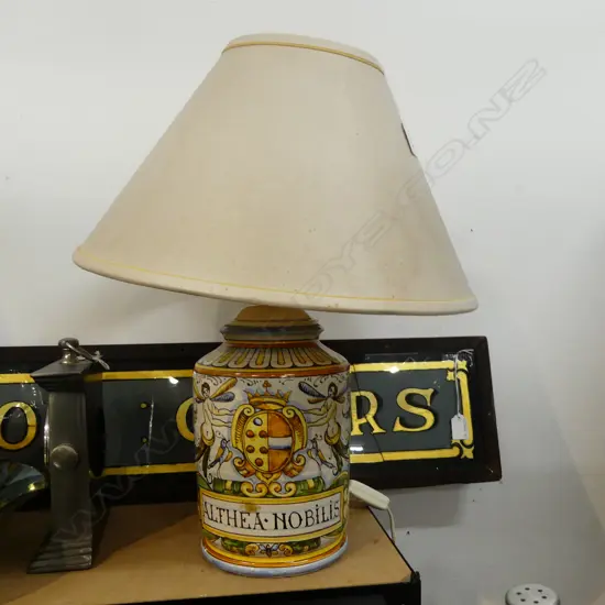 DUTCH DELFT CANNISTER TYPE LAMP BASE ;ALTHEA NOBILIS' with shade