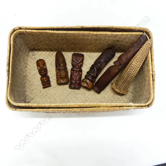 LIDDED MOSES BASKET + 5 TRIBAL CARVED WOODEN STATUES: Māori Hawaiian & Vanuatu + woven cane cylinder  